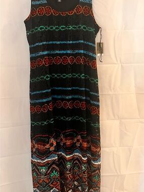 Sleeveless Black Maxi Dress with Multicolor Floral Stripes